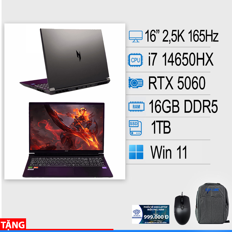 Acer Shadow SH16-74-7G41 2025 Nitro 16 (Core i7-14650HX/ Ram 16GB/ SSD 1TB/ RTX 5060 8GB/ 16inch 2.5K/ 165Hz/Đen/NK)