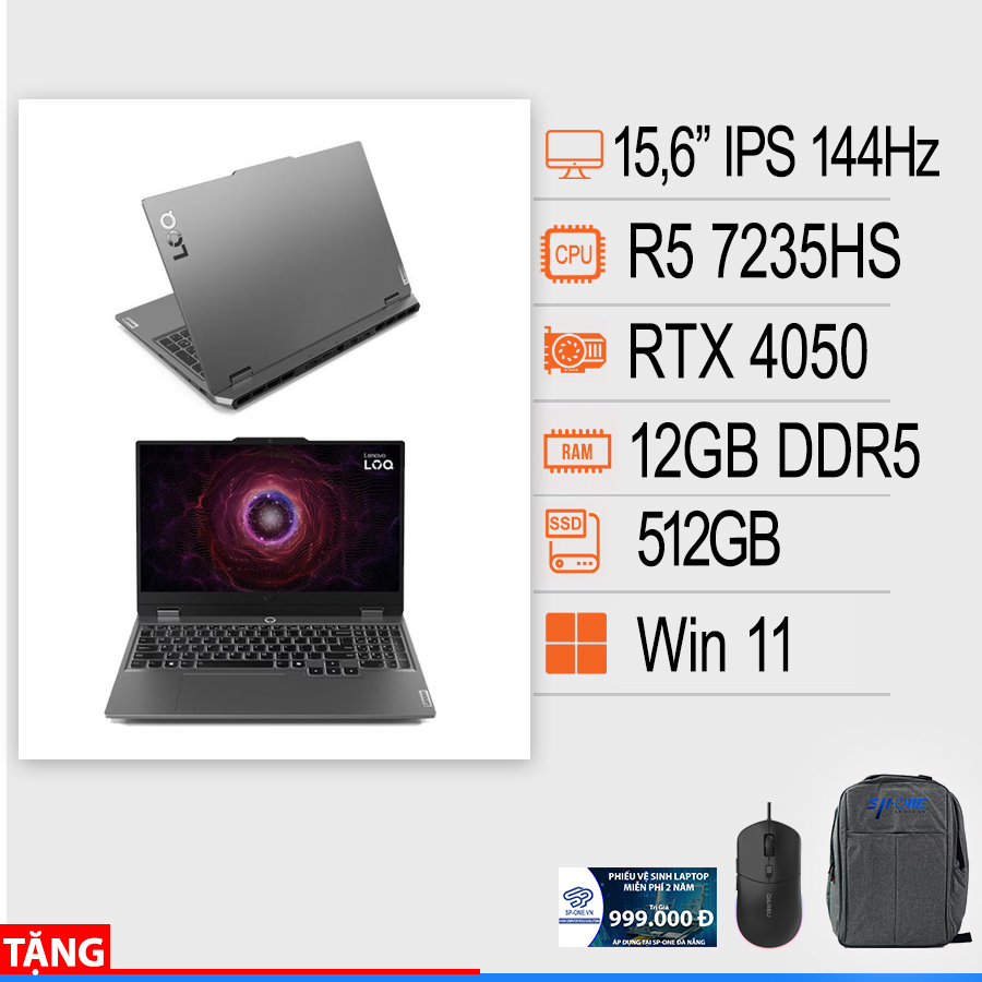 Laptop Lenovo LOQ 15ARP9 (Ryzen 5-7235HS / 12GB / 512GB / RTX 4050 / 15.6 inch FHD 144Hz / Win 11 / Xám)