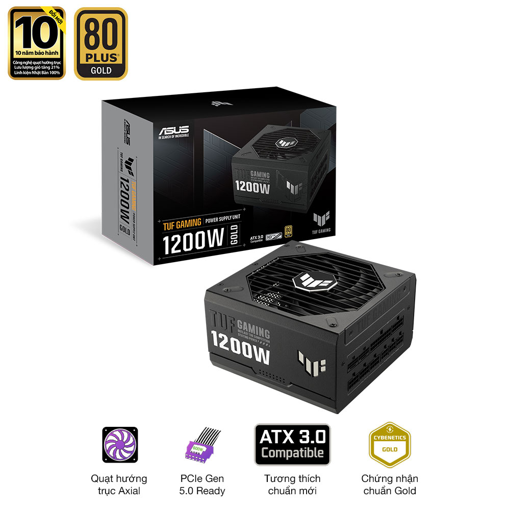 Nguồn ASUS TUF GAMING 1200G (1200W, ATX 3.1, PCIe 5.0, 80 Plus Gold, Full Modular, 10 năm bảo hành)