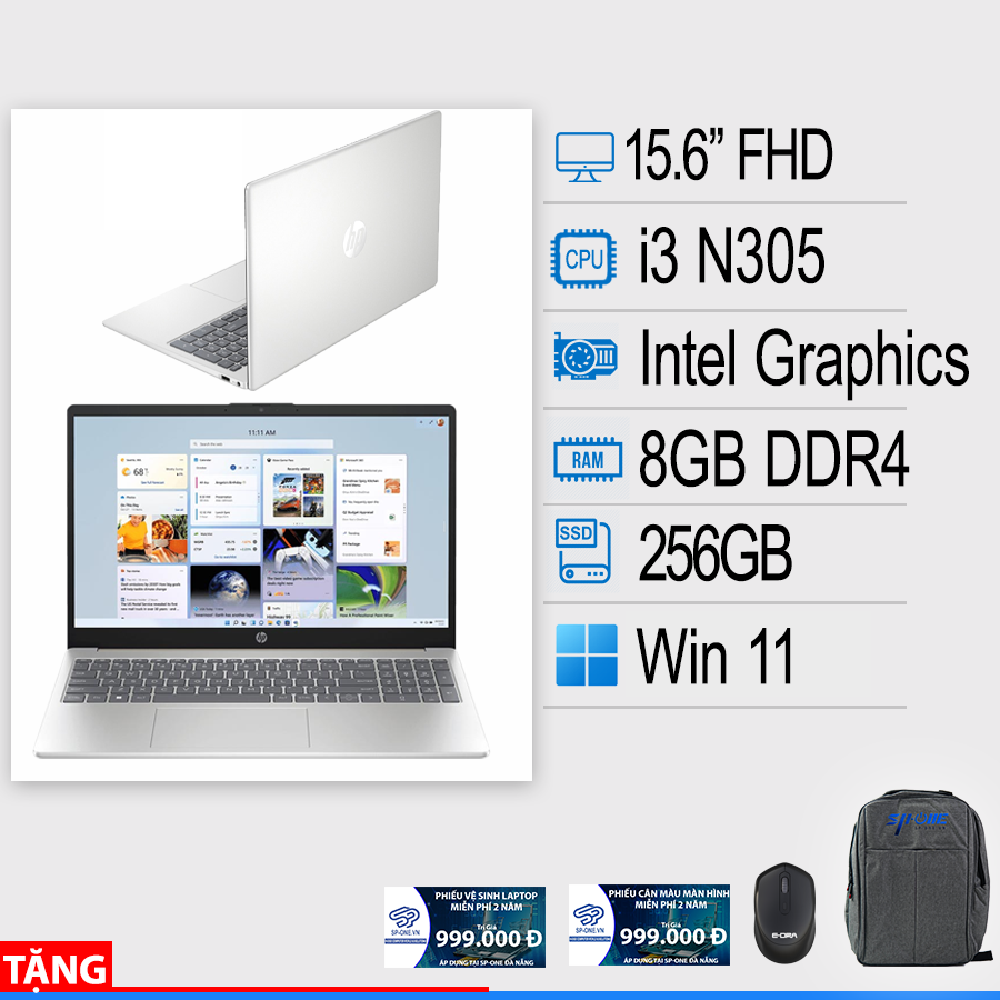 Laptop HP 15-FD0133 (i3-N305 | 8GB | 256GB | Intel UHD | 15.6′ FHD | Win 11 | Bạc | NK)