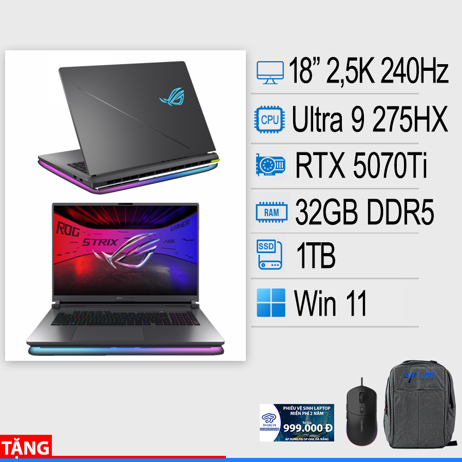 Laptop gaming ASUS ROG Strix G18 G815LR S9211W (Intel Ultra 9 275HX | RTX 5070 TI | 18 inch 2.5K | 240Hz | 32GB | 1TB | Win 11 | Xám)