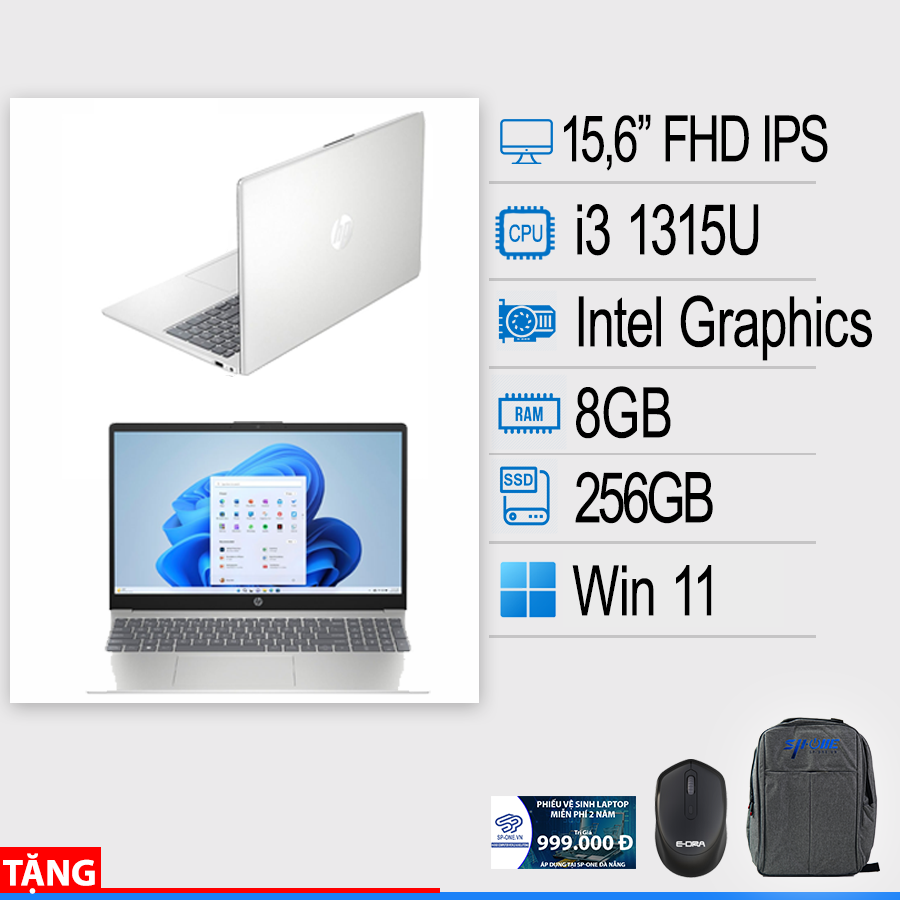 Laptop HP 15 -fd0133wm (Core i3-1315/256GB/ SSD 8GB/ 15.6 FHD/ Win 11/ Natural Silver/ NK)
