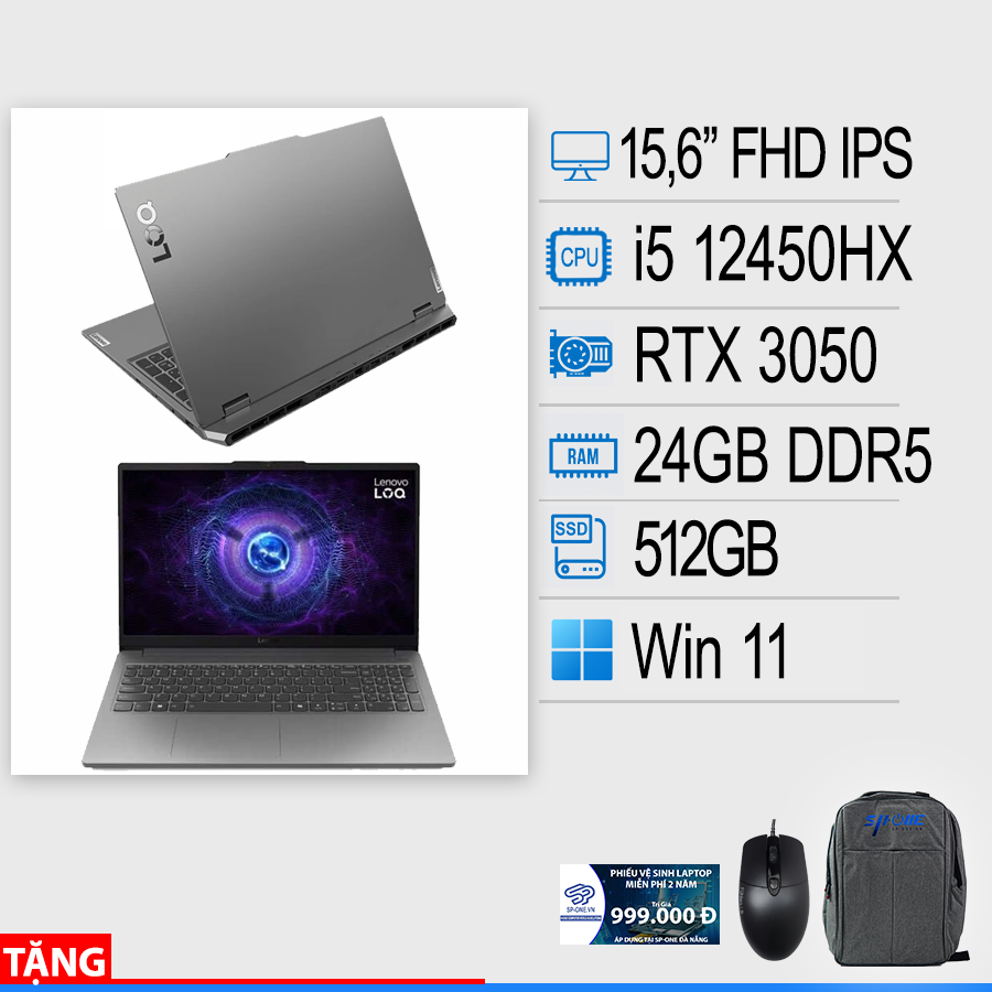 Laptop Lenovo Gaming LOQ 15IAX9 – 83GS00D9VN (Intel Core i5 12450HX / 24GB / 512GB / RTX 3050 6GB / 15,6 Full HD / Win11)