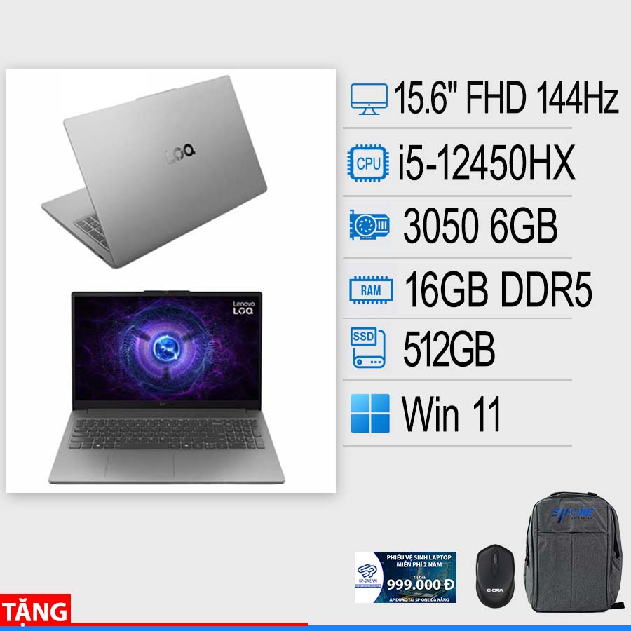 Laptop LENOVO LOQ Essential 15IAX9E (Core I5 12450HX, 16GB, 512GB, RTX 3050 6GB, 15.6″ FHD 144hz, W11, Luna Grey) – NK