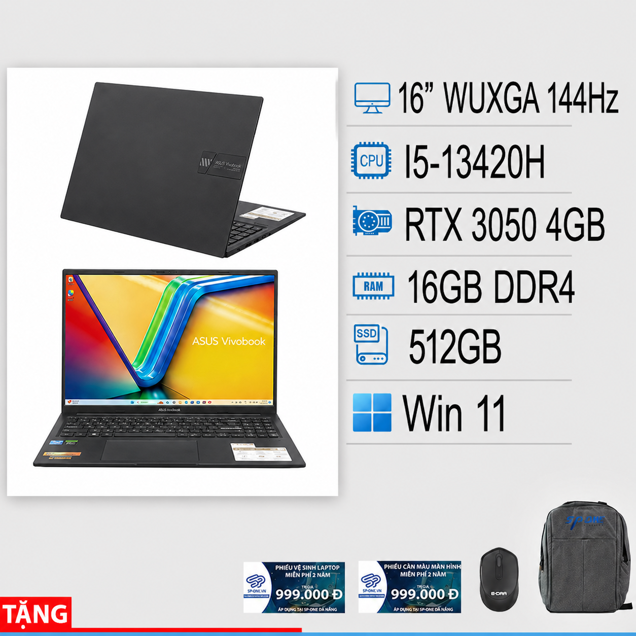 Laptop Asus Gaming Vivobook K3605VC – RP364W (I5-13420H, 16GB, 512GB, RTX 3050 4GB, WUXGA 144Hz, Win11)