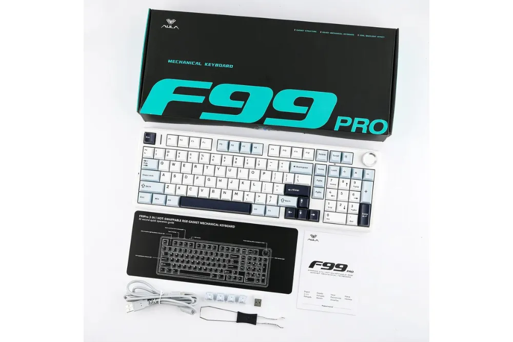 AULA F99 PRO (0898) BÀN PHÍM CƠ GAMING 3 MODE (Phiên bản Có núm xoay/ Xanh dương+trắng+tím đậm/ Star Vector switch)