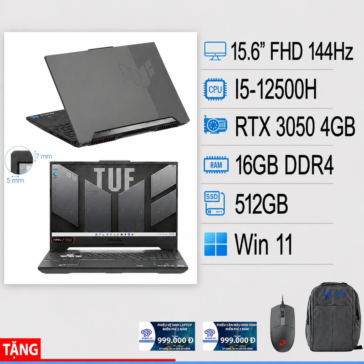 Laptop Asus TUF Gaming F15 FX507ZC4 HN330W (i5-12500H/16GB/512GB/RTX3050 4GB/144Hz/Win11/Xám)