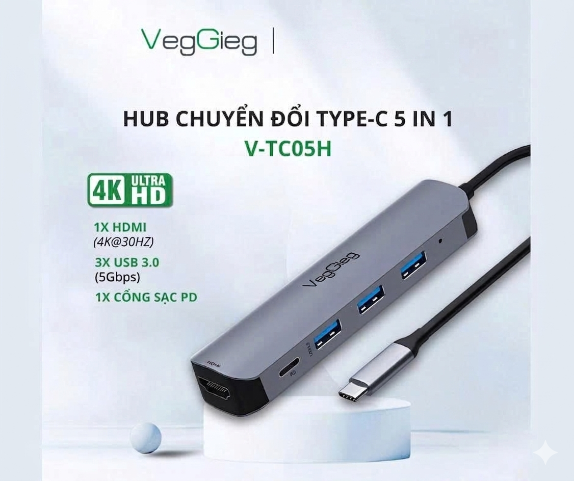 Cổng Chuyển Type C VEGGIEG sang HDMI, USB 3.0, USB-C PD VEGGIEG V-TC05H ( VTC05H )