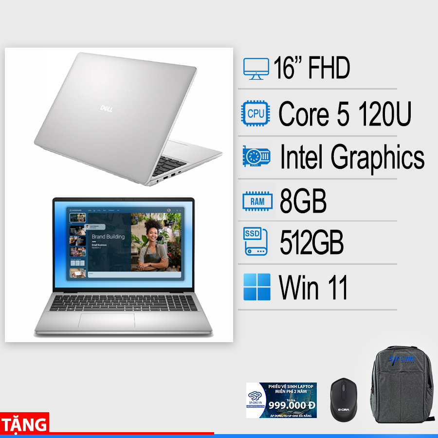 Laptop Dell 16 DC16251 (Core 5 120U/ Ram 8GB/ SSD 512GB/ Intel® Graphics/ 16 inch FHD+ Touch/ Win 11/ Bạc)