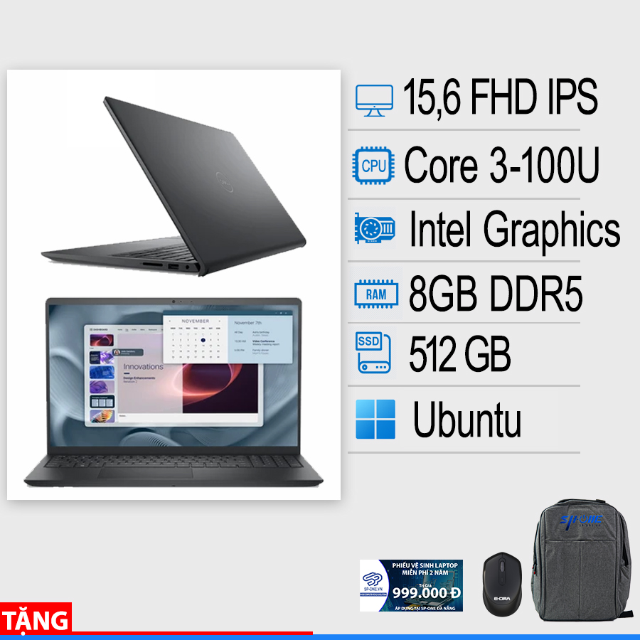 Laptop Dell Pro 15 Essential PV15250 (Intel Core 3-100U/ 8GB RAM/ 512GB SSD/ 15.6″ FHD/ Intel Graphics/ Ubuntu/ Black)