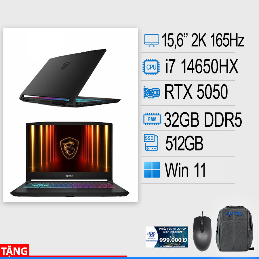 Laptop MSI Katana 15 HX B14WEK-027VN (Intel Core i7-14650HX/ RTX 5050 8GB/ 15.6 inch QHD IPS/ 165Hz/ 32GB/ 512GB/ Win 11/ Đen)