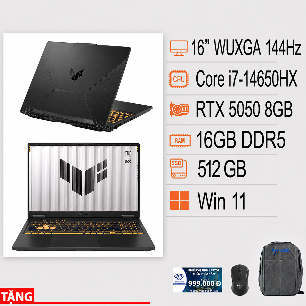 Laptop Asus TUF Gaming F16 FX608JHI-TU209W (i7 14650HX/ 16GB/ 512GB SSD/ RTX 5050 8GB/ 16 inch WUXGA/ 144Hz/ Win11/ Gray/ Vỏ nhôm)