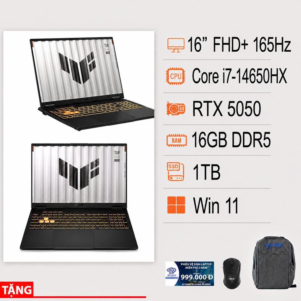 Laptop ASUS TUF Gaming F16 FX608JHR-RV037W (Intel Core i7 Processor 14650HX | RTX 5050 | 16 inch FHD + 165Hz | 16GB | 1TB | Win 11 | Xám)