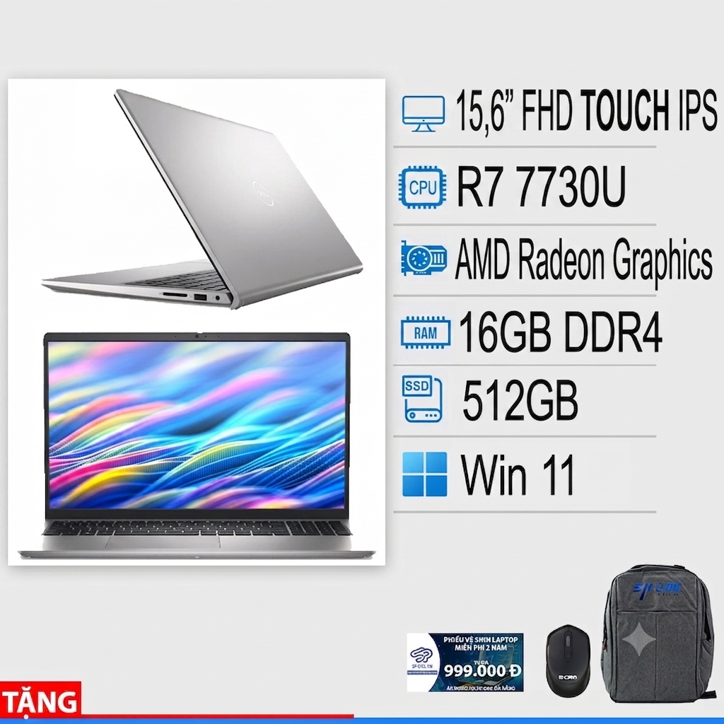 Laptop Dell 15 DC15255 Ryzen 7-7730U/ 16GB/ 512GB/ 15.6 FHD Cảm ứng/ Win11 bản quyền/ Bạc NK