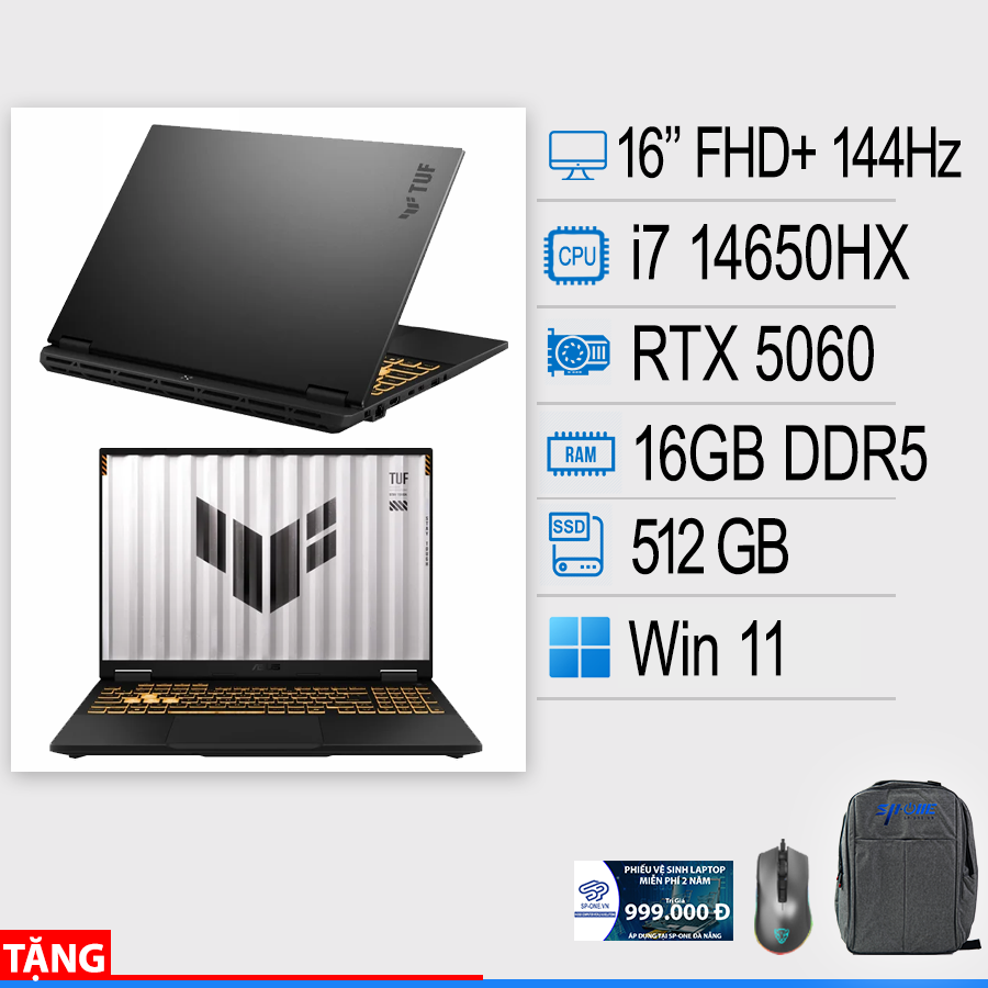 Máy tính xách tay Asus TUF Gaming F16 FX608JMI-TU241W (i7 14650HX/ 16GB/ 512GB SSD/ RTX 5060 8GB/ 16 inch WUXGA/ 144Hz/ Win11/ Gray/ Vỏ nhôm)