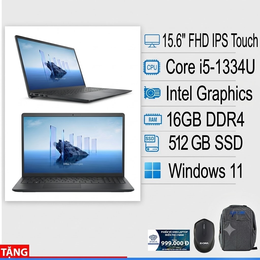 Máy tính xách tay Dell 15 DC15250-5315BLK (Intel i5-1334U/ 512GB SSD/ 16G (8GB+8GB)/ 15.6 inch FHD/ Touch/ Win 11_1XVHG/ Black)
