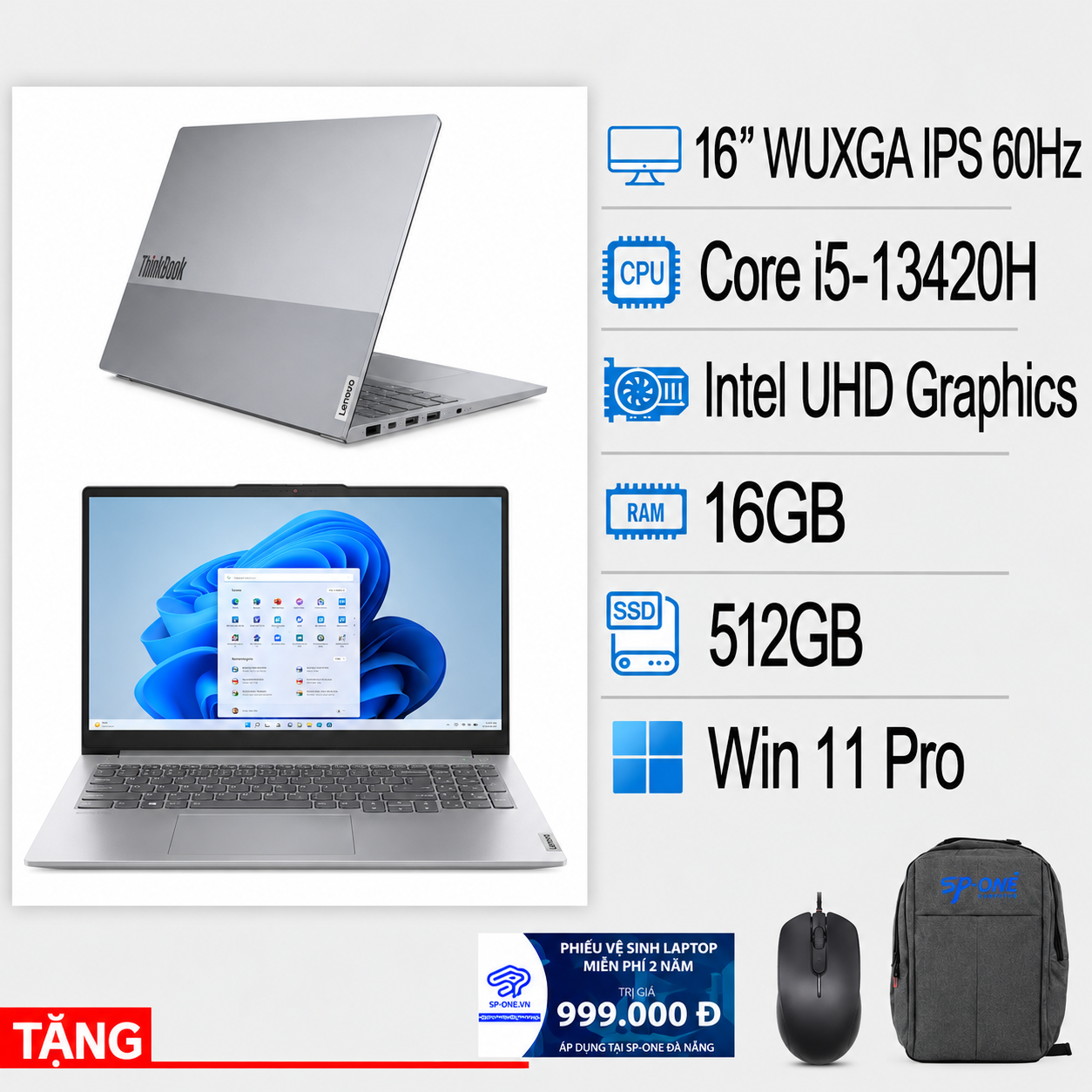 Laptop Lenovo ThinkBook 16 G9 IRL 21US008DVA (Intel Core i5-13420H/ Intel UHD/ 16 inch WUXGA IPS 60Hz/ 16GB/ 512GB/ Win11Pro/ Xám)