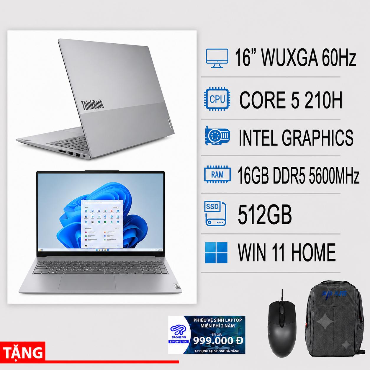 LAPTOP Lenovo ThinkBook 21US008YVN 16 G9 IRL Core 5-210H -16G Ram -512G SSD – Wifi 6,BT,Finger Print – 16″ WUXGA – Win 11 Home SL