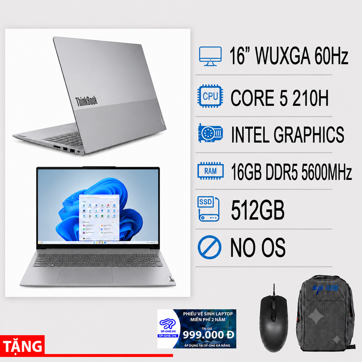 LAPTOP Lenovo ThinkBook 21US008XVA 16 G9 IRL 16″ WUXGA, Core 5-210H -16G Ram -512G SSD – Wifi 6,BT,Finger Print – No OS