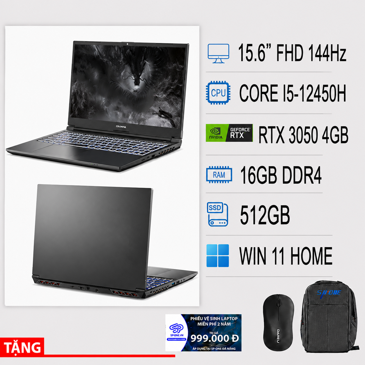 LAPTOP COLORFUL EVOL X15 XS Core i5-12450H / RTX 3050 / RAM 16G / SSD NVME 512 / 15.6″ IPS 144Hz / Win 11 Home 64bit