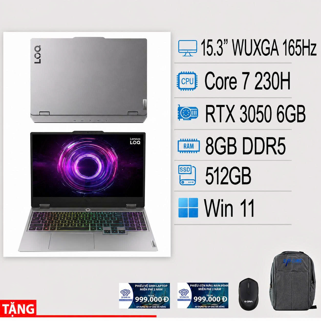 Máy tính xách tay Lenovo LOQ 15IRH11E 83Y9003YVN ( Core 7 230H | 8GB | 512GB SSD | RTX 3050 6GB | 15.3″ WUXGA AG 300nit 165Hz | 4C 60Wh, ax+BT, W11H 64 | Xám – Luna Grey)
