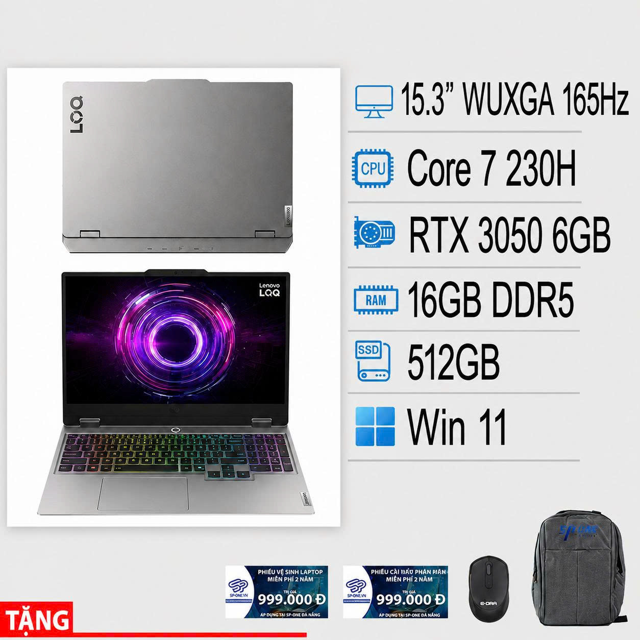 Máy tính xách tay Lenovo LOQ 15IRH11E 83Y9003XVN ( Core 7 230H | 16GB | 512GB SSD | RTX3050 6GB | 15.3″ WUXGA AG 300nit 165Hz | 4C 60Wh, ax+BT, W11H 64 | Xám – Luna Grey | 2Y WTY)