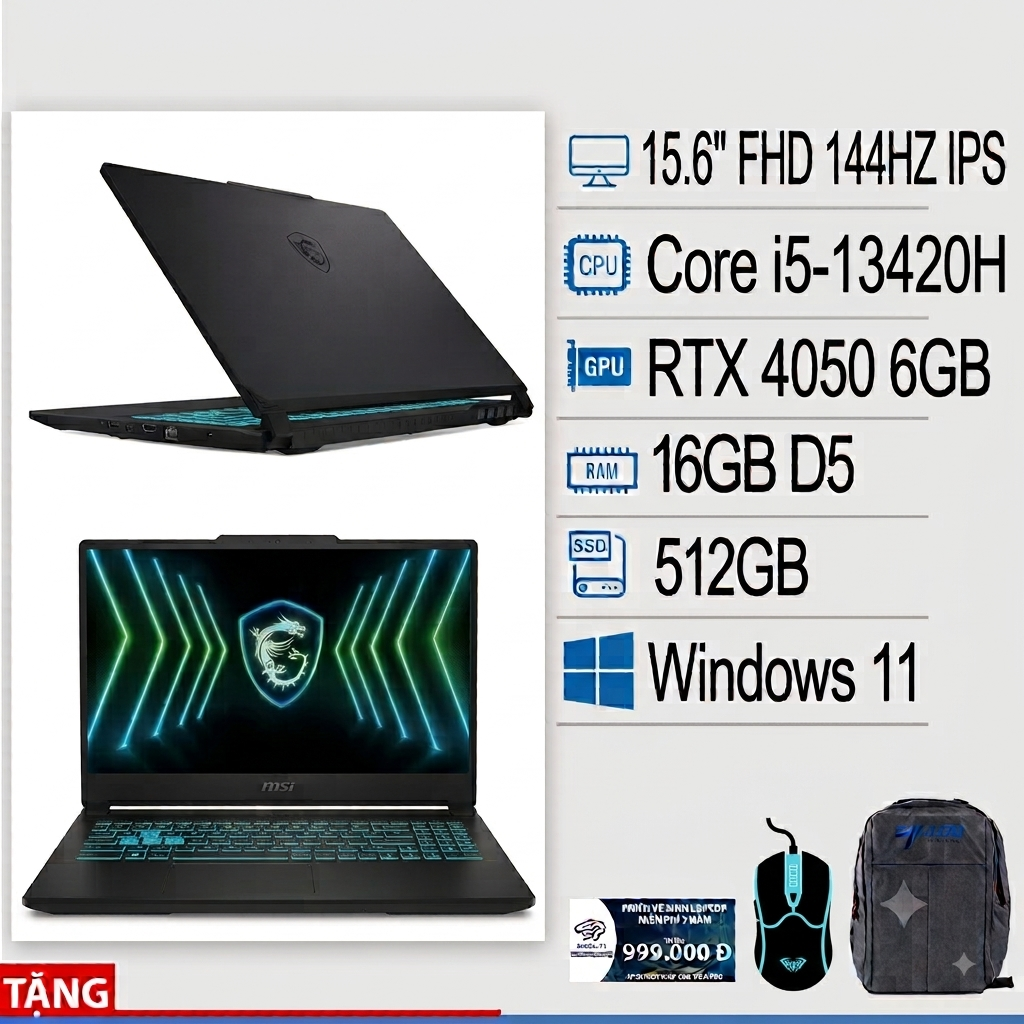 Laptop Gaming MSI Cyborg 15 Black Edition A13VE-2410VN (Core i5-13420H/ RAM 16GB/ SSD 512GB/ Màn Hình 15.6inch 144Hz/ RTX 4050 6GB/ Windows 11)