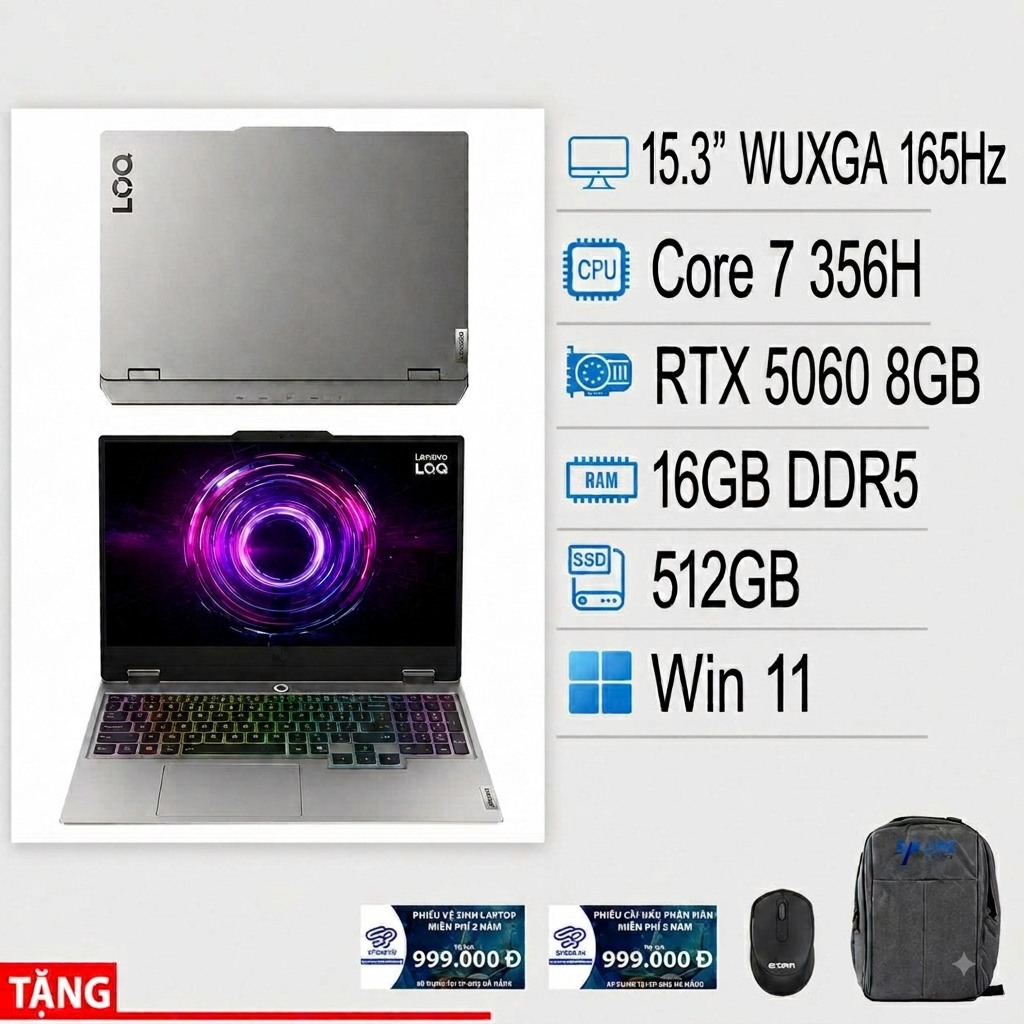 Laptop Lenovo LOQ 15IPH11 83SL000LVN ( Ultra 7-356H | 16GB | 512GB SSD | RTX5060 8GB | 15.3″ WUXGA AG 300nits 165Hz | 4C 60Wh, ax+BT, W11H 64 | Xám – Luna Grey | 2Y WTY)