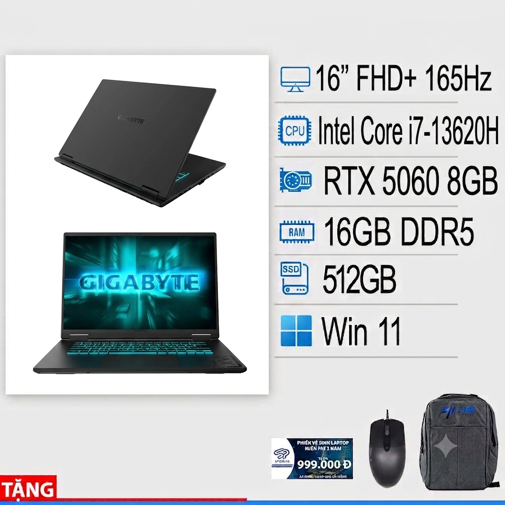 Laptop Gigabyte GAMING A16-CVHI3MY893SH (Intel Core i7-13620H/ RTX 5060 8GB GDDR7/ 16 inch FHD+ 165Hz / 16GB / 512GB / Windows 11 Home SL/ Đen)