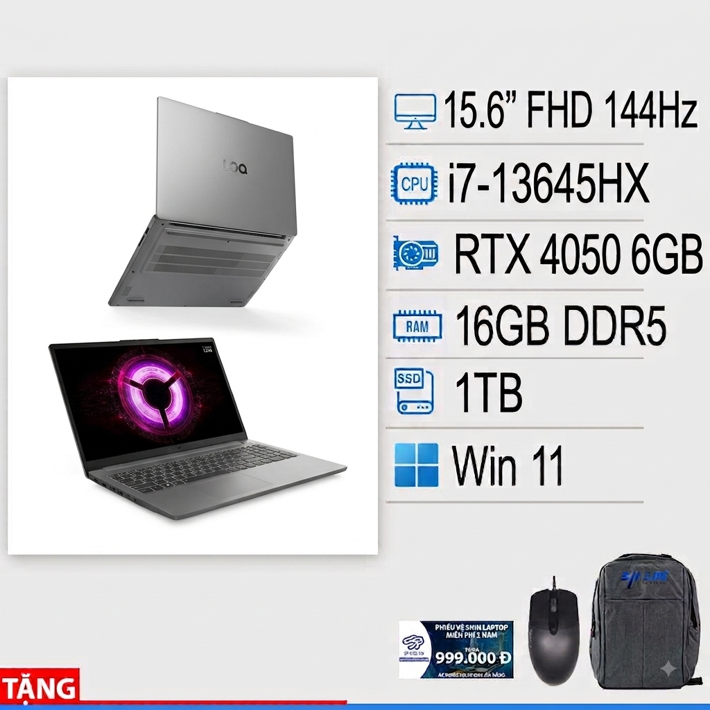 Laptop Lenovo LOQ 83DV01H2VN 15IRX9 (i7-13645HX/ 16GB/ 1TB SSD/ RTX4050 6GB/ 15.6″ FHD 144Hz/ Win 11Home 64/ Xám)