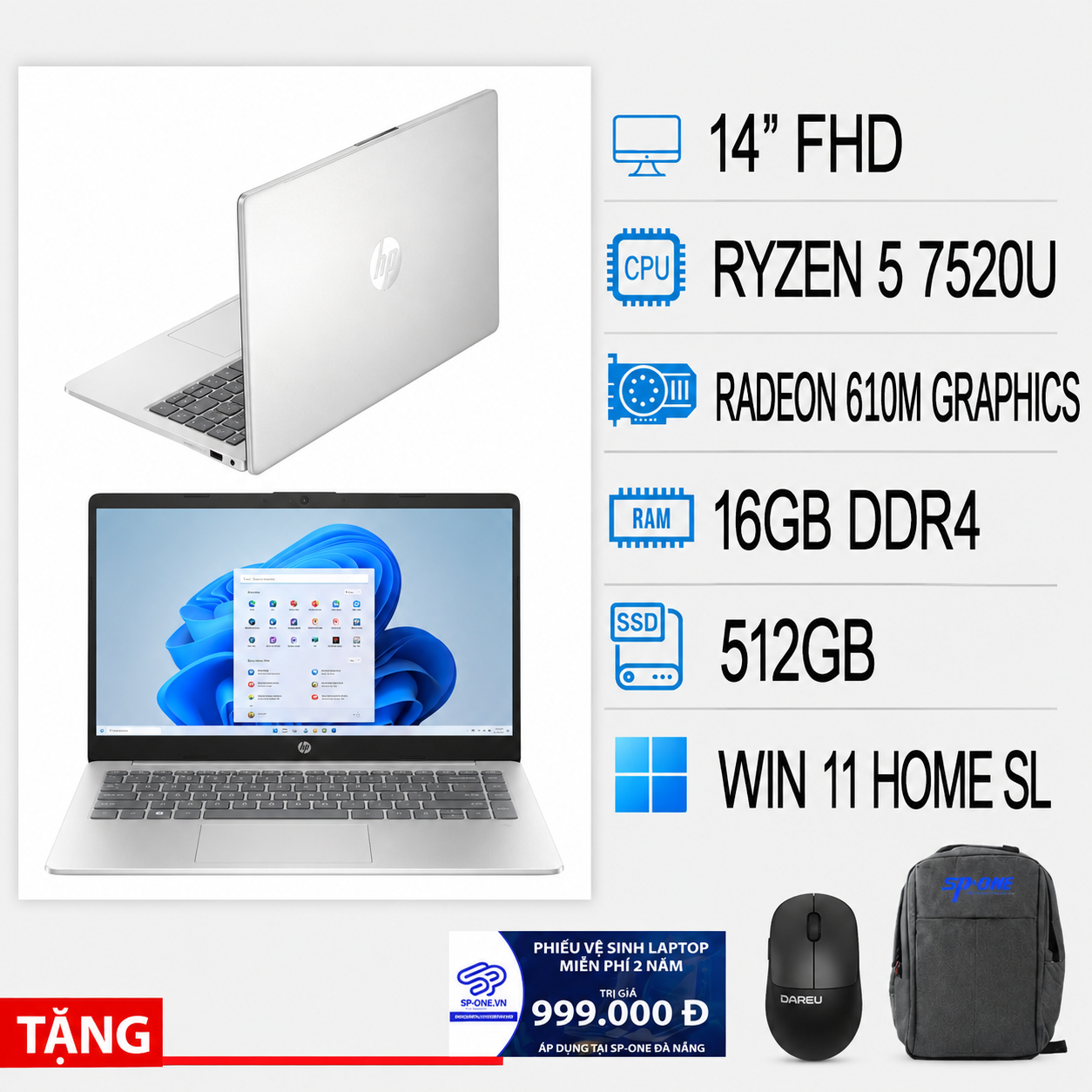 Laptop HP 14-em0024AU Ryzen 5-7520U/16GB/512GB/ 14″FHD/Win11 (D0BG8PA)