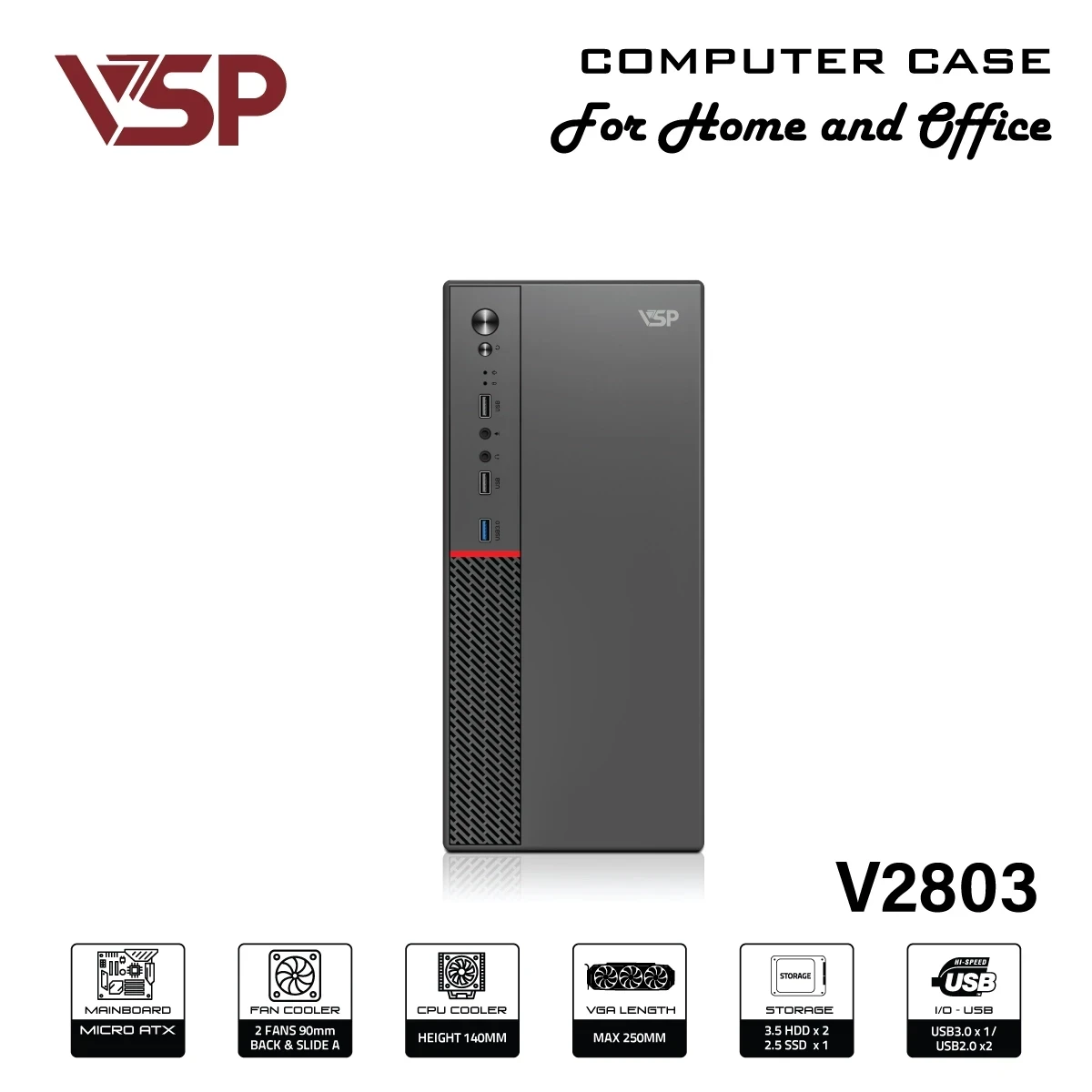 VỎ CASE MÁY TÍNH VSP V2803 (Có USB 3.0) – BLACK