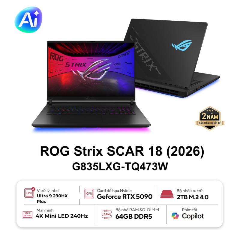 ASUS ROG Strix SCAR 18 G835LXG-TQ473W (Ultra 9 290HX Plus | 64GB | 2TB | RTX 5090 24GB | 18 inch WQUXGA MiniLED 240Hz | Win 11 | Đen)