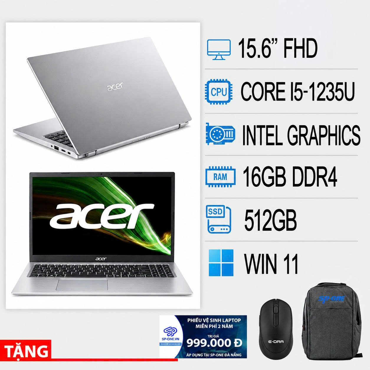 Laptop Acer Aspire 3 A315-59-51X8 NX.K6TSV.00F (Intel Core i5-1235U | 16GB | 512GB | Intel UHD | 15.6 inch FHD | Win 11 | Bạc)