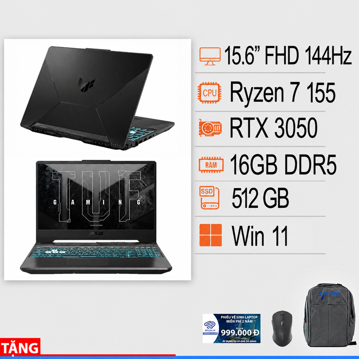 Laptop ASUS TUF Gaming A15 FA506NCG-HN390W (AMD Ryzen 7 155 | RTX 3050 4GB GDDR6 | 15,6-inch FHD | 16GB | 512GB | Windows 11 Home | Đen)