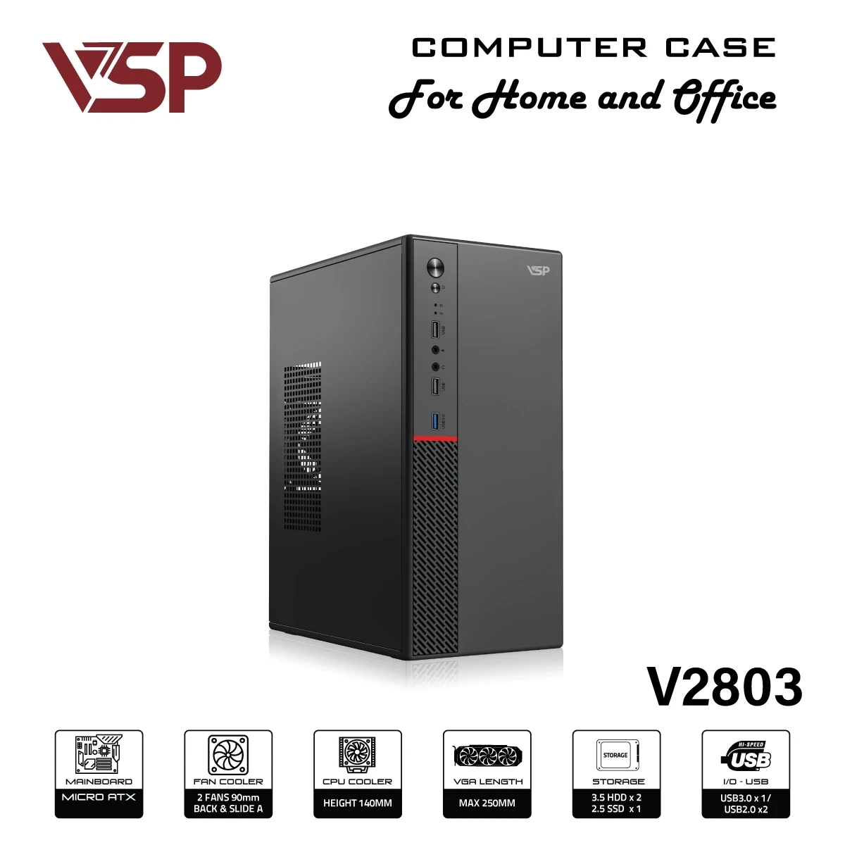 VỎ CASE MÁY TÍNH VSP V2803 (Có USB 3.0) - BLACK