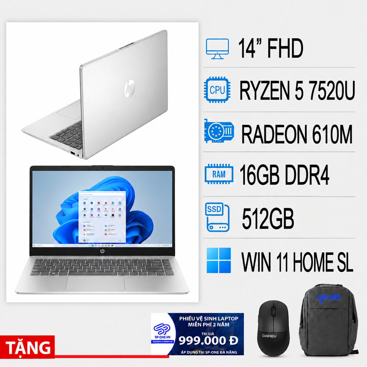 Laptop HP 14-em0024AU Ryzen 5-7520U/16GB/512GB/ 14″FHD/Win11 (D0BG8PA)