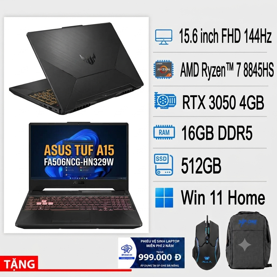 Laptop ASUS TUF Gaming A15 FA506NCG-HN329W (AMD Ryzen™ 7 8845HS | RTX 3050 4GB | 15.6 inch FHD 144Hz | 16GB | 512GB | Win 11 | Đen)
