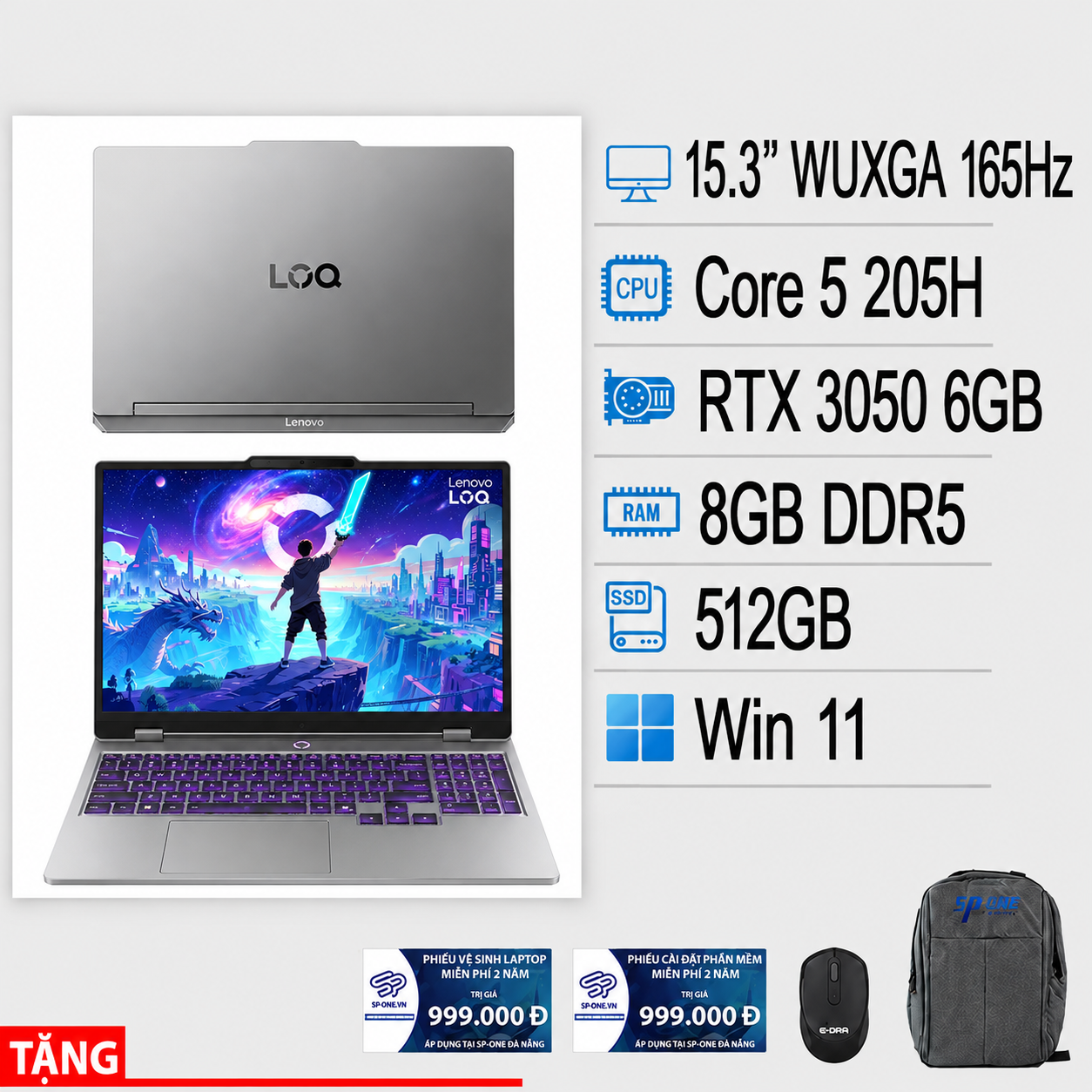 Laptop Lenovo LOQ 15IRH11E 83Y9003VVN (Intel Core 5 205H | RTX 3050 6GB | 15.3 inch WUXGA 165Hz | 8GB | 512GB | Win 11 | Xám)