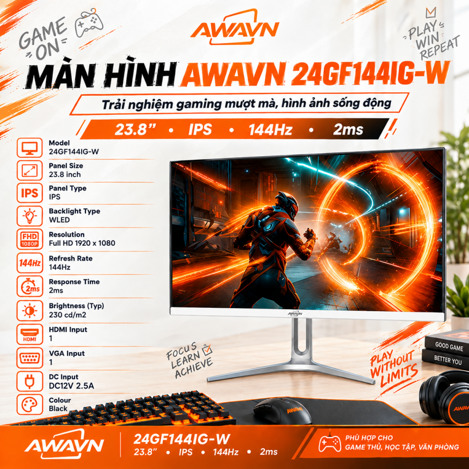 Màn hình AWAVN 24GF144IG-W – 24 inch, FHD, IPS, 144Hz, 1ms, HDMI/VGA, chân V cao cấp, màu trắng